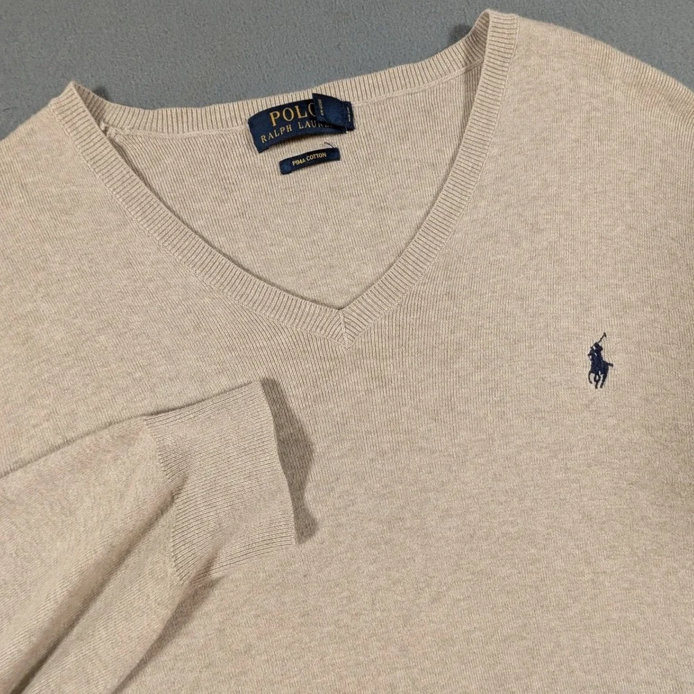 Polo Ralph Lauren V-Neck Sweater Mens Large Tan Pima Cotton Long Sleeve